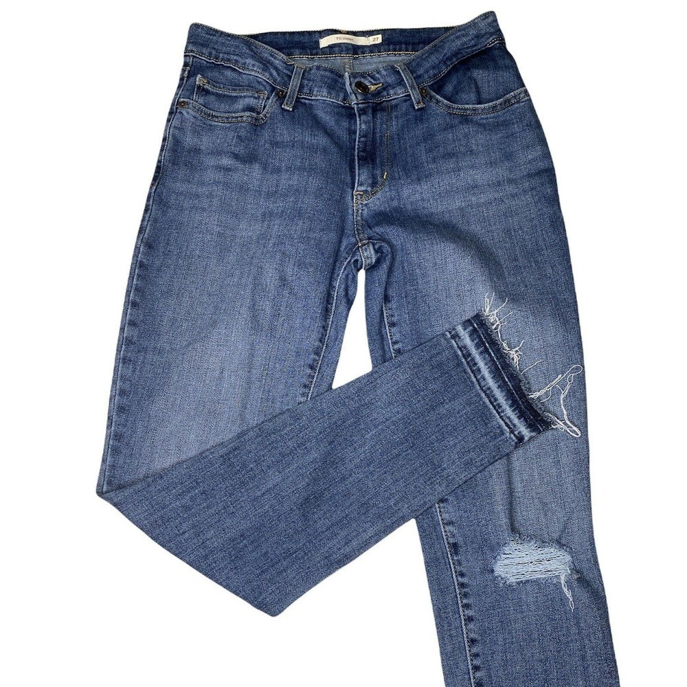LEVIS 711 Women Midrise Skinny Jeans Sz 27 Light Wash Distressed Raw Hem Ankle